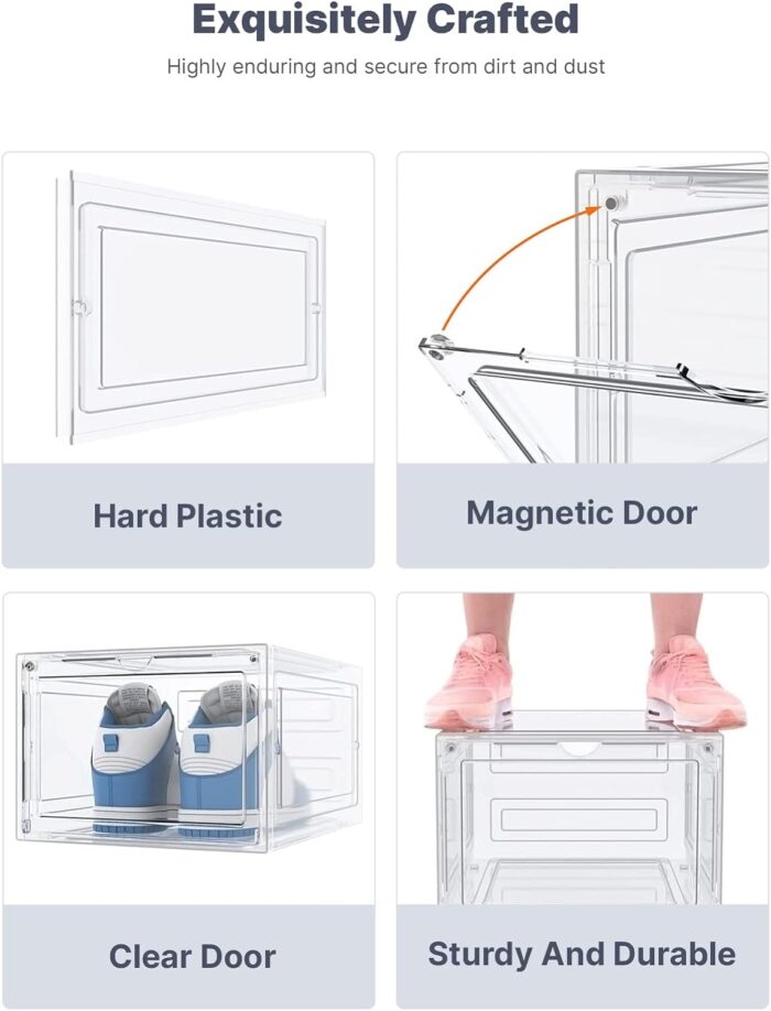 【KEEP SHOES NEAT AND TIDY】 Our transparent shoe storage boxes manage to keep your shoes in pristine condition making them secure from dust and dirt. The clear body of its helps to find shoes easily 【STORAGE SOLUTION】ADOV shoe box storage is great for space utilization and can be used to store a variety of items, including toys, tools, wedges and clothes, making a great addition to your room 【SUITABLE FOR ALL FOOTWEAR】 Our shoe organiser boxes are designed to contain a wide range of shoes including sneakers, heels, boots, flats, sandals and slippers to keep your shoe collection organized 【STURDY AND DURABLE】 ADOV plastic shoe boxes are made of waterproof high quality BPA free material. The large rear ventilation holes ensure air circulation and remove odour within the shoe holders 【EASY TO ASSEMBLE】 This clear stackable shoe box is user-friendly and easy to install, wash, clean. The tightly connected stacking allows you to create a customized storage system that saves space