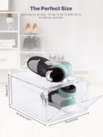 【KEEP SHOES NEAT AND TIDY】 Our transparent shoe storage boxes manage to keep your shoes in pristine condition making them secure from dust and dirt. The clear body of its helps to find shoes easily 【STORAGE SOLUTION】ADOV shoe box storage is great for space utilization and can be used to store a variety of items, including toys, tools, wedges and clothes, making a great addition to your room 【SUITABLE FOR ALL FOOTWEAR】 Our shoe organiser boxes are designed to contain a wide range of shoes including sneakers, heels, boots, flats, sandals and slippers to keep your shoe collection organized 【STURDY AND DURABLE】 ADOV plastic shoe boxes are made of waterproof high quality BPA free material. The large rear ventilation holes ensure air circulation and remove odour within the shoe holders 【EASY TO ASSEMBLE】 This clear stackable shoe box is user-friendly and easy to install, wash, clean. The tightly connected stacking allows you to create a customized storage system that saves space