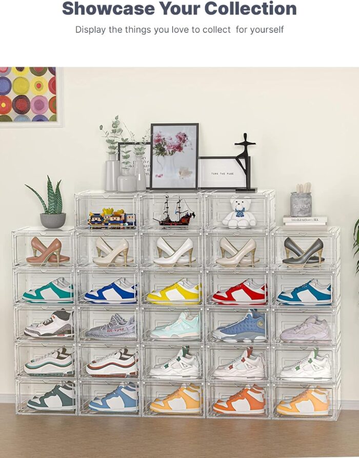 【KEEP SHOES NEAT AND TIDY】 Our transparent shoe storage boxes manage to keep your shoes in pristine condition making them secure from dust and dirt. The clear body of its helps to find shoes easily 【STORAGE SOLUTION】ADOV shoe box storage is great for space utilization and can be used to store a variety of items, including toys, tools, wedges and clothes, making a great addition to your room 【SUITABLE FOR ALL FOOTWEAR】 Our shoe organiser boxes are designed to contain a wide range of shoes including sneakers, heels, boots, flats, sandals and slippers to keep your shoe collection organized 【STURDY AND DURABLE】 ADOV plastic shoe boxes are made of waterproof high quality BPA free material. The large rear ventilation holes ensure air circulation and remove odour within the shoe holders 【EASY TO ASSEMBLE】 This clear stackable shoe box is user-friendly and easy to install, wash, clean. The tightly connected stacking allows you to create a customized storage system that saves space