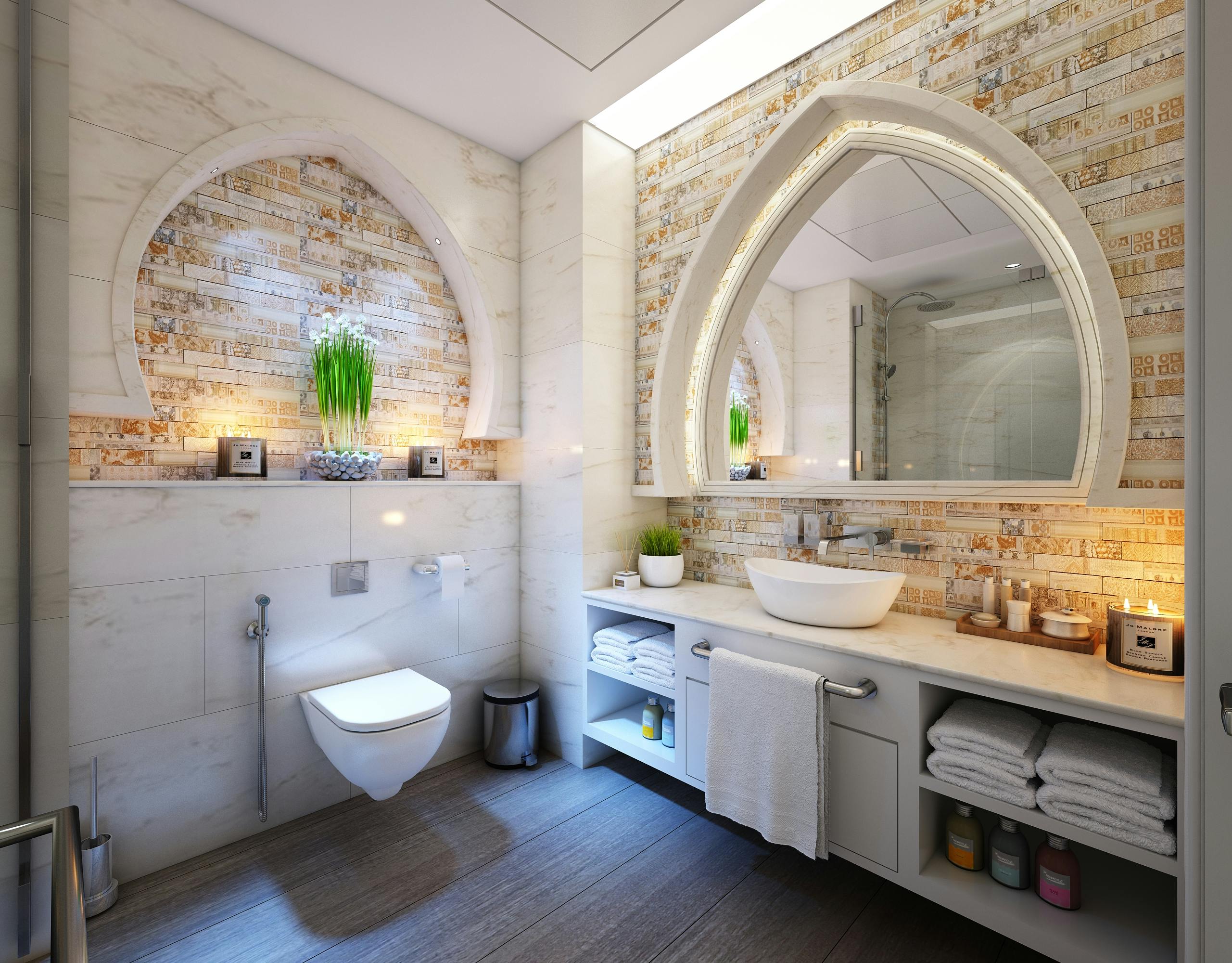 A bathroom with a toilet and a large window