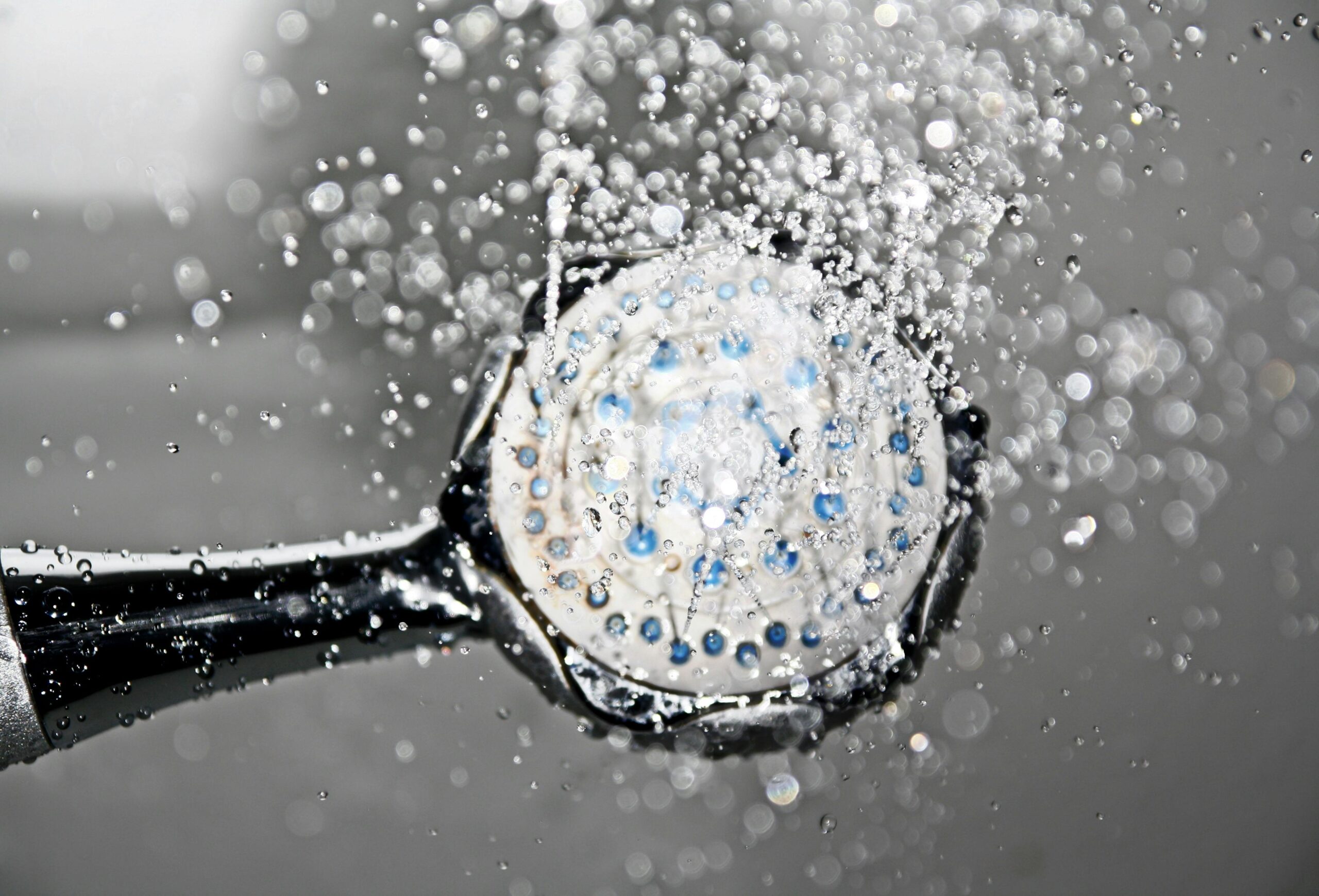 A close-up of a shower head releasing water.