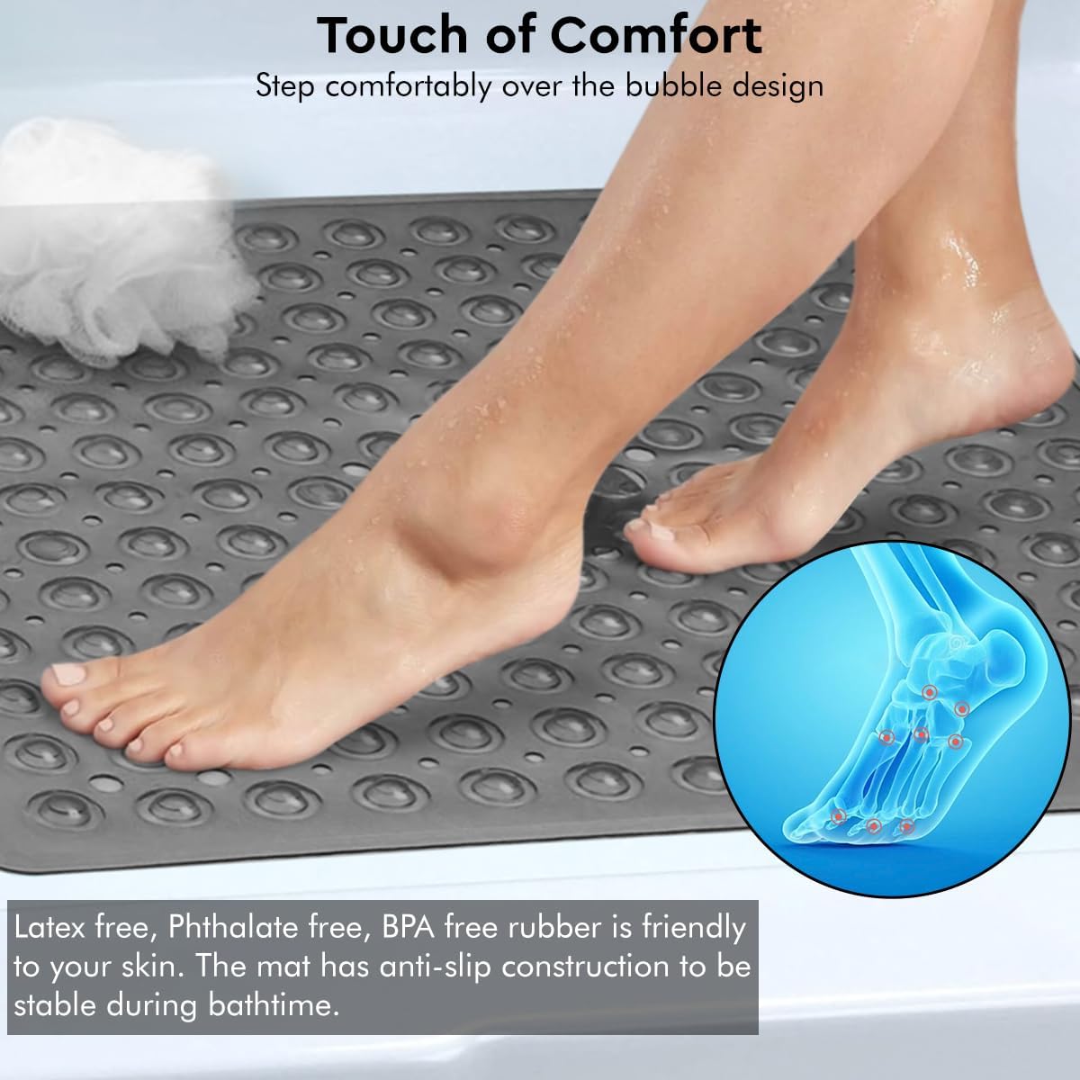 A comfortable bath mat designed to enhance user comfort and provide a pleasant bathing experience.