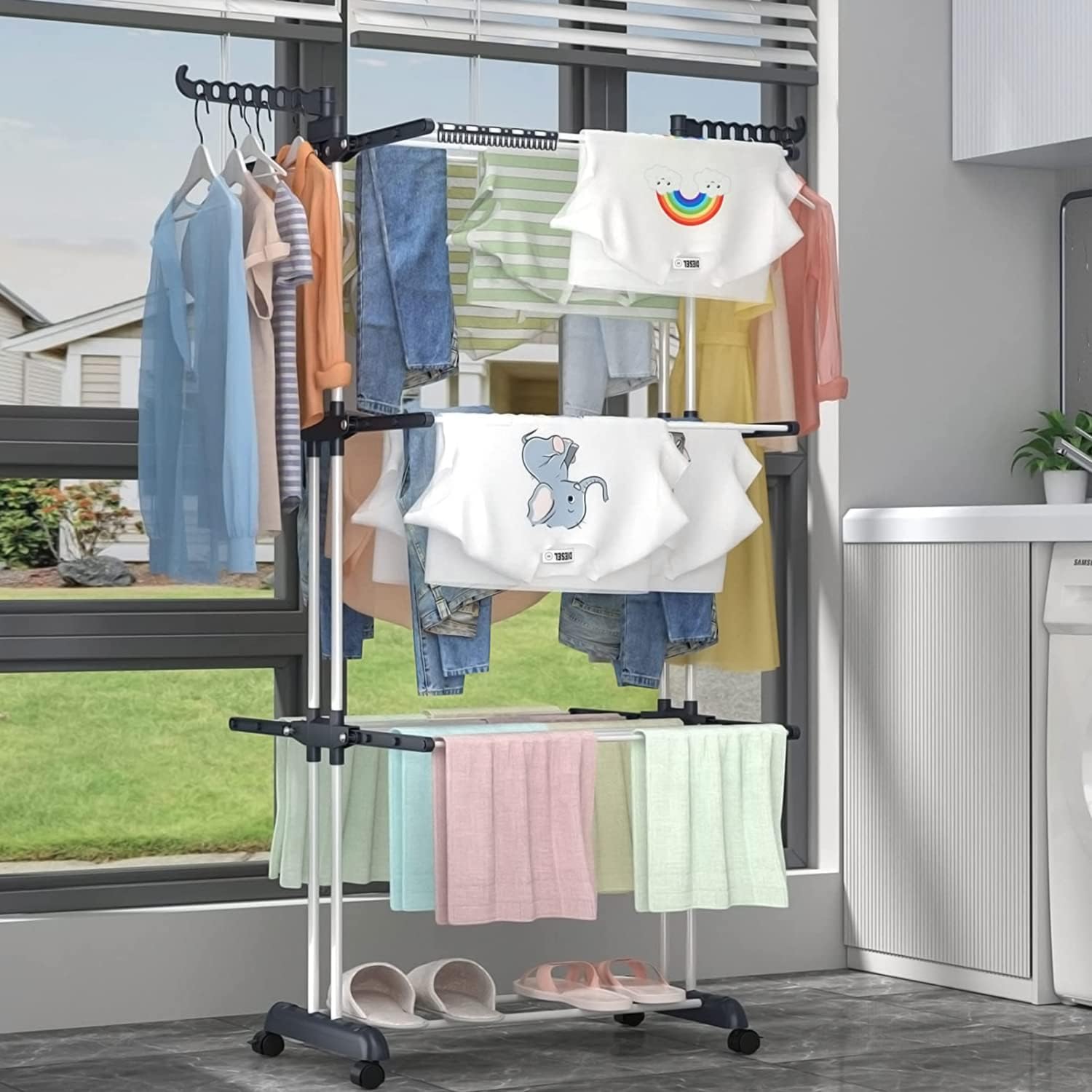 A laundry rack filled with clothes hanging on it.