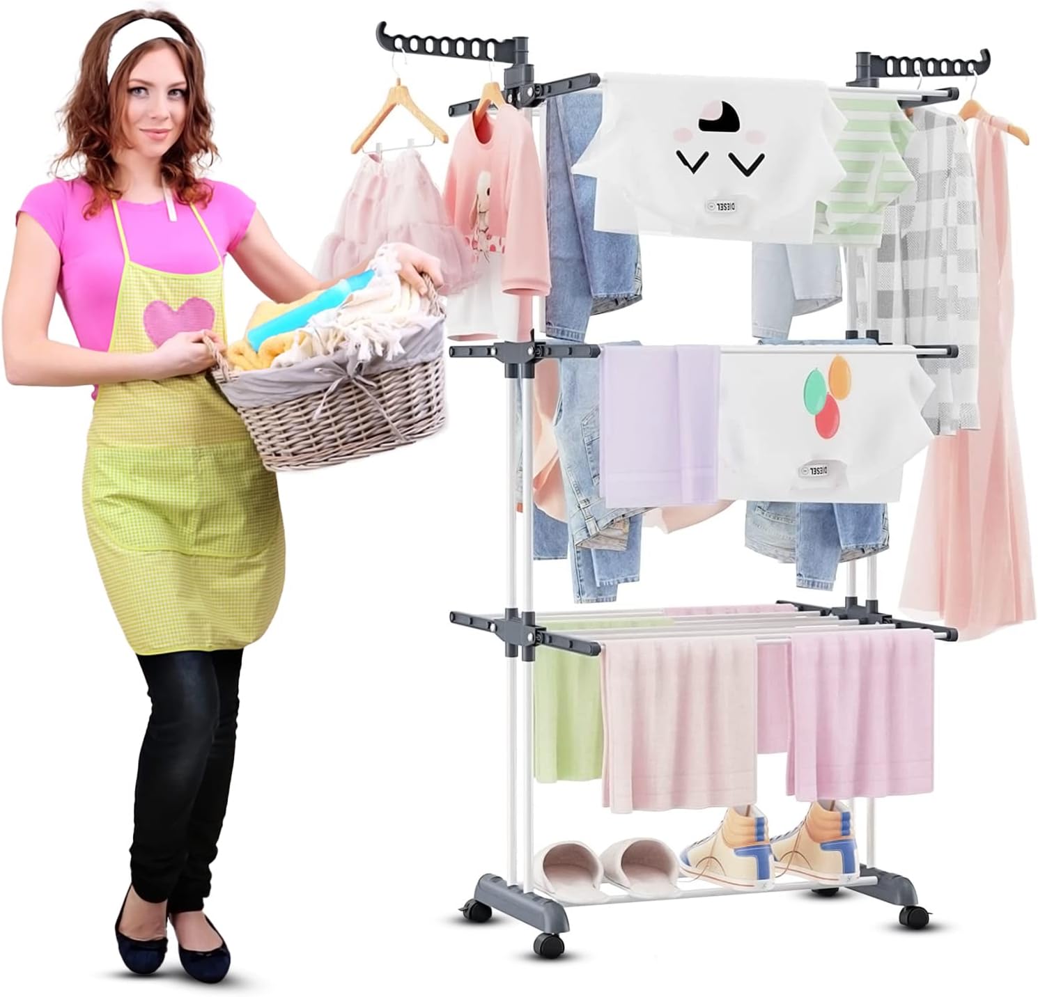 Woman holding a basket and clothes rack.