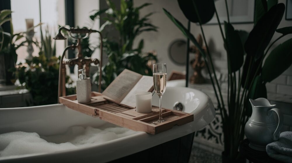 Native hues organic shapes look of bathroom with big window oval bathtub in neutrals earth tones. Green palm plants candles bubblebath leasure and relaxation skin selfcare wellness luxury living