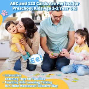 A family joyfully engages with colorful ABC and 123 cards, fostering learning and togetherness in a playful environment